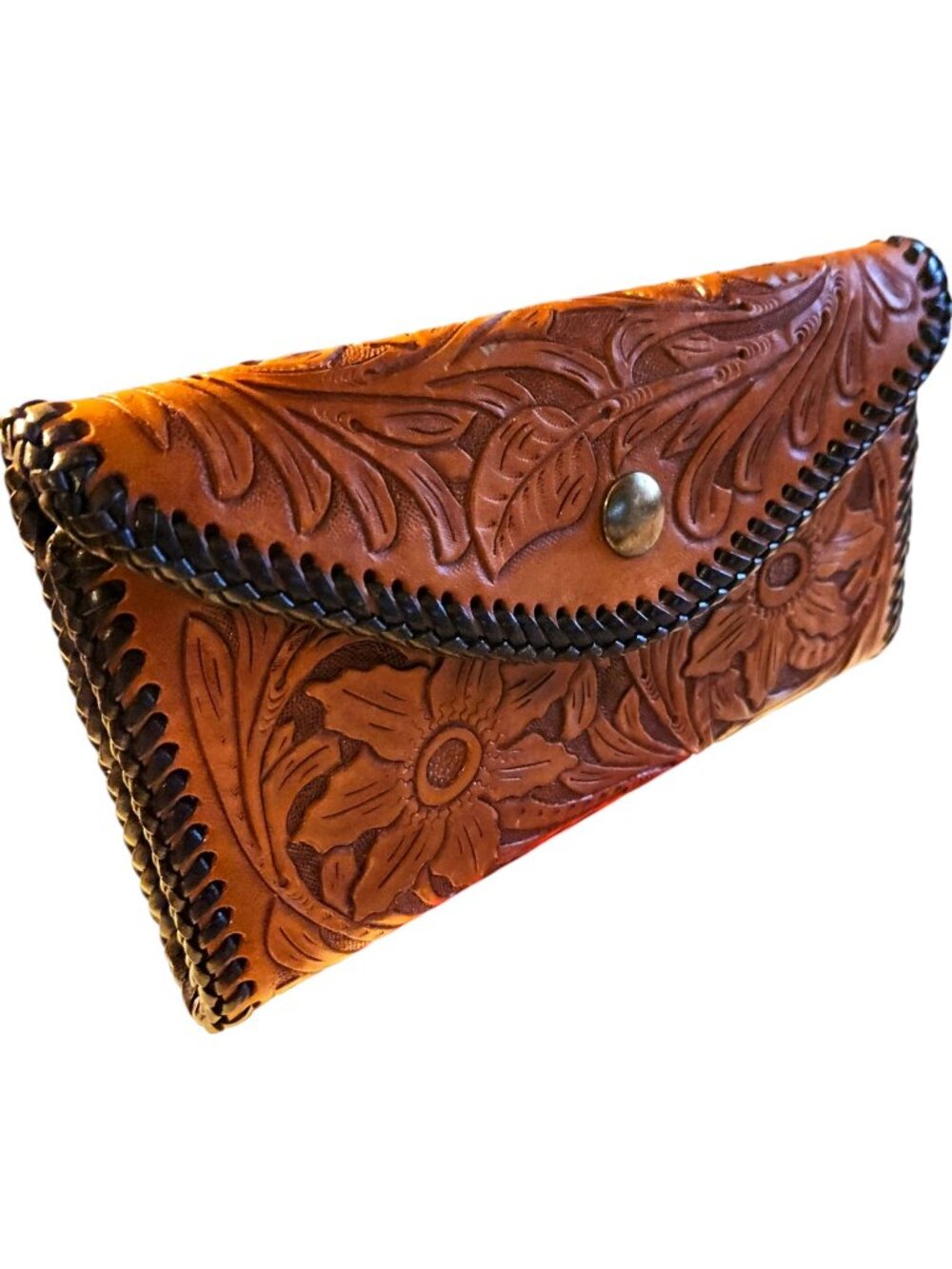 Hand-Tooled Artisan Leather Wallet Floral Western Bi-fold Black Whipstitch 7.5 x